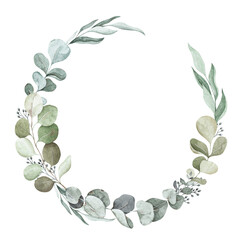 Watercolor eucalyptus wreath. Beautiful floral frame with tender foliage