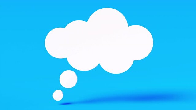 Empty thought cloud on blue background with copy space for ideas and memories. 3d rendering of an animation of an empty cloud-shaped speech bubble to write your message.