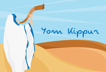 Yom Kippur holiday. Man trumpeting a shofar in traditional garb, with the desert as a backdrop - obrazy, fototapety, plakaty