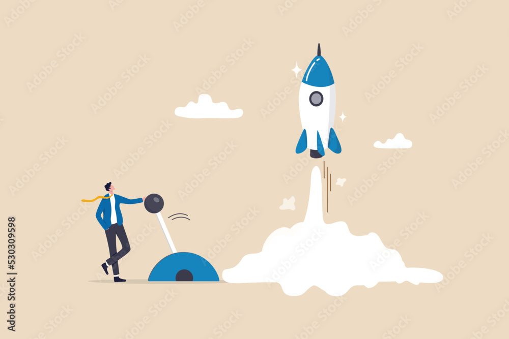 Wall mural Start your own business, launch success rocket or entrepreneur, startup project or boost company growth, invention concept, ambitious businessman entrepreneur push switch to launch rocket into sky.