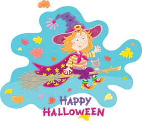 Obraz na płótnie Canvas Happy little Halloween witch with a big hat and a cloak with stars flying among falling autumn leaves on her magic broom with a funny small cat, vector cartoon greeting card