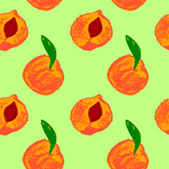 Peach seamless pattern. Vector nectarine wallpaper. Sketch art  peach background for organic baby food label, yogurt packaging design, vegan banner, fruity ornament. Apricot backdrop for jam package.