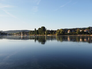Fototapeta na wymiar Panorama of Rhine River near STEIN AM RHEIN town in SWITZERLAND