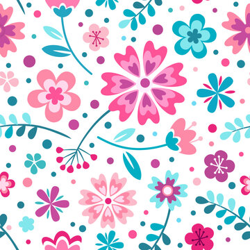 Floral seamless pattern. Vector illustration with small wild flowers. Millefleurs pattern for wrapping, fashion. Pink, red, blue and turquoise colors on white background.