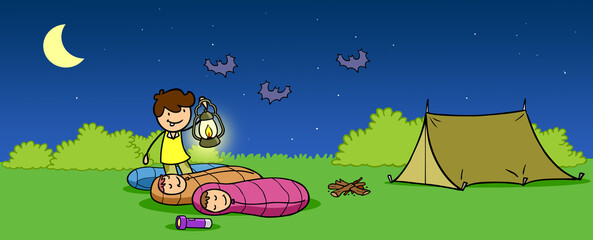 Naklejka premium Kind weckt schlafende Eltern im Schlafsack beim Camping