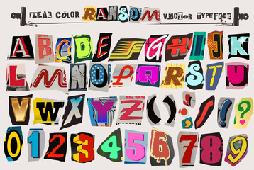 Real colorful ransom style vector alphabet typeface clippings set with numbers and punctuation marks for grunge font flyers and posters design or ransom notes.