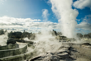 geothermal volcanic park with geysers and hot streams, scenic landscape, te piua national park,...