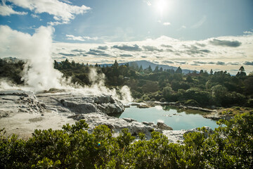 geothermal volcanic park with geysers and hot streams, scenic landscape, te piua national park,...