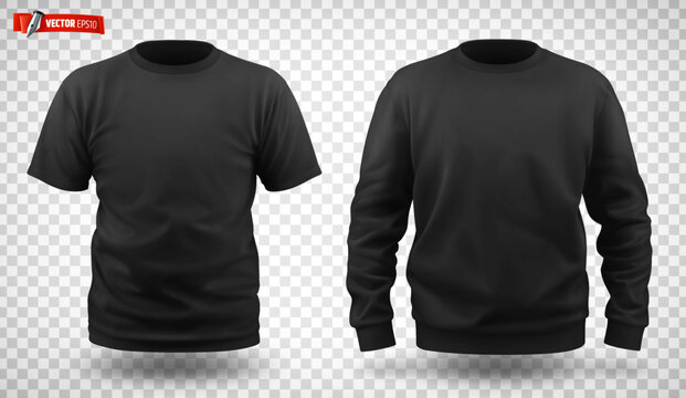 Vector realistic illustration of black sweat-shirt and t-shirt on a transparent background.