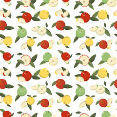 Red, green, and yellow apples with leaves. Vector seamless pattern. Isolated on a white background.