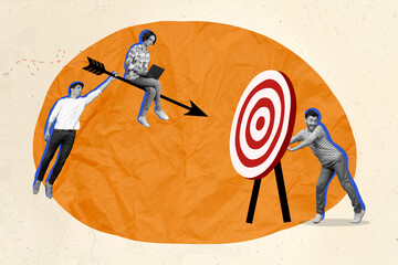 Creative photo collage of purposeful team people achieve goals work deadline arrow target darts...