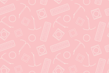 seamless medical pattern with contraceptive methods: condoms, birth control pills, patch, IUD and hormone ring- vector illustration - obrazy, fototapety, plakaty