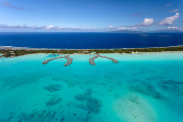 Aerial Bora Bora Overwater luxury bungalows tropical Island