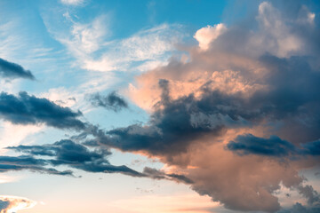 Abstract nature background, bright sunset sky with pink clouds