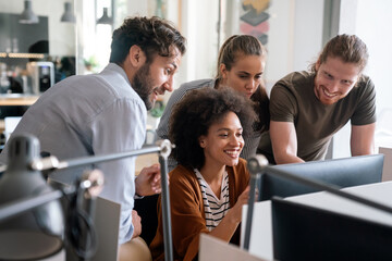 Programmers cooperating at IT company developing apps. People business work office concept