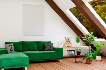 Mockup picture frame in a cozy attic living room. 3d rendered illustration.