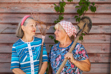 Two elderly women with a garden rake and a shovel