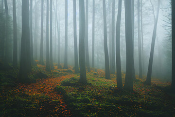 Autumn forest covered in fog