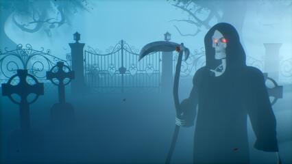 Death with a scythe, Gream Reaper, with red burning eyes in a cemetery in the fog, frightens and laughs.. Halloween concept. 3D rendering.