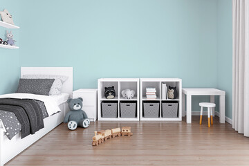 Kids bedroom wall mockup, 3d rendered illustration with customizable background. © SOPONE