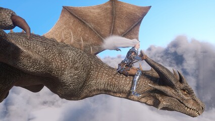 White haired female warrior knight flies on a dragon above the clouds.Fantasy artwork scene. CGI animation 3d rendering