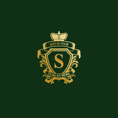 Luxury royal wing Letter S crest Gold color Logo vector. Crest logo, wing logo, vector logo. Vector Royal Shield Golden Laurel Wreath Stock Vector. 