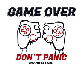 Broken gamepad or joystick design that melts and dripping with slogan. Print for t-shirt. Tee shirt typography graphics for gamers. Slogan print for video game concept. Vector illustration. © Roman