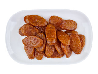 Chinese sausage crispy fried Thailand street food menu served on a white plate,