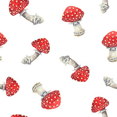 Watercolor mushrooms seamless pattern. Red amanita background