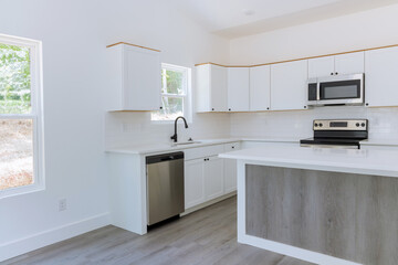 Installing kitchen appliances and kitchen white cabinets in a new home
