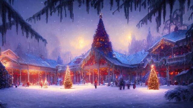 New Year's winter garden with decorated Christmas trees, lights, garlands. Festive New Year decorations, festive city. Christmas lanterns, decorated street, winter, snow, postcard. 3D illustration