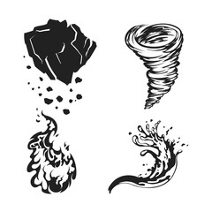 Nature elements black silhouettes. Fire, water, earth and wind icons. Video game assets. UI magical items. Monochrom template