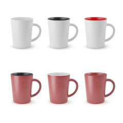 Illustration of Six Realistic Empty Ceramic Tea Mug on a White Background. Mockup with Shadow Effect, and Copy Space for Your Design. For Web Design, and Printing