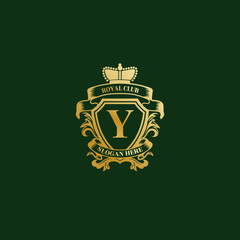 Luxury royal wing Letter Y crest Gold color Logo vector. Crest logo, wing logo, vector logo. Vector Royal Shield Golden Laurel Wreath Stock Vector. 