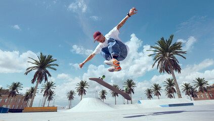 Skateboarder doing a trick in a skate park