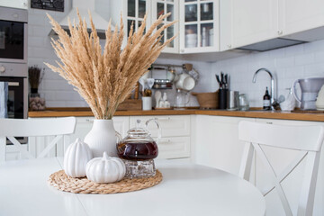 Still-life. Pampas dried grass in a vase, white ceramic pumpkins and a teapot on a white table in the interior of a Scandinavian-style home kitchen. Cozy, stylish autumn concept.