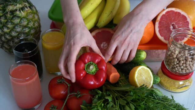 Healthy eating ingredients: fresh vegetables, fruits and superfood. Nutrition, diet, vegan food concept.