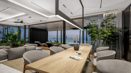 3d rendering of modern cozy interior with living,dining zone stair and kitchen for sale or rent with wood plank by the sea or ocean. Spacious apartments with expensive furniture,equipment and flowers
