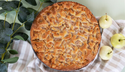 Homemade apple pie on a green background in a gray plate with yellow apples and a kitchen towel....