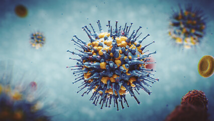3D render visualization of a virus in the human body. Animation can be used to present monkeypox or covid 19 or various other infectious diseases.