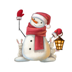 snowman with hares and flashlight watercolor illustration