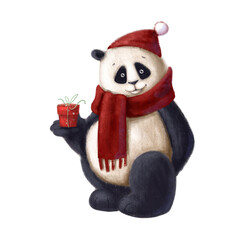 cute panda with present box, holiday clipart with cartoon character