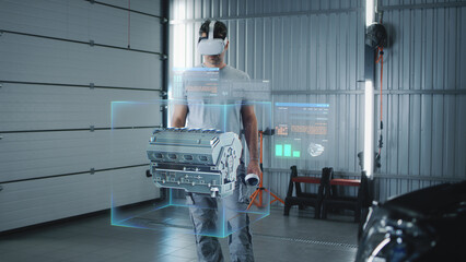 An engineer tests the health of a car engine in a virtual futuristic program with 3D holographic...
