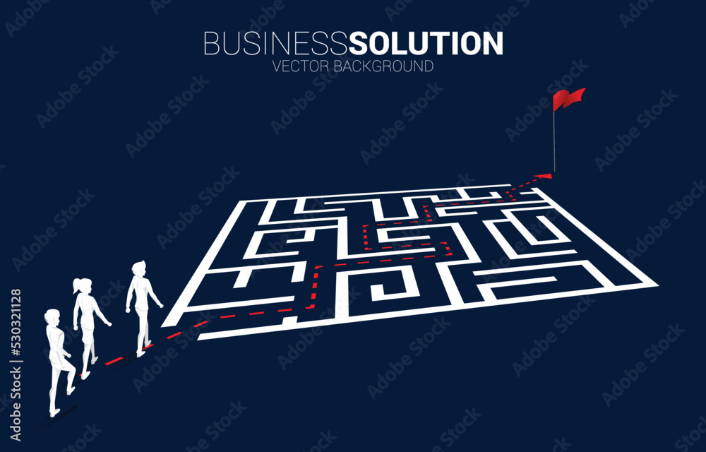 Poster Silhouette of businessman and businesswoman with route path to exit the maze. Business concept for problem solving and finding idea.
