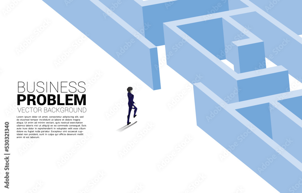 Poster Silhouette of businessman walking to enter to maze. Business concept for problem solving and solution strategy