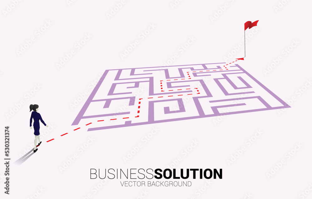Poster Silhouette of businesswoman with route path to exit the maze. Business concept for problem solving and finding idea.