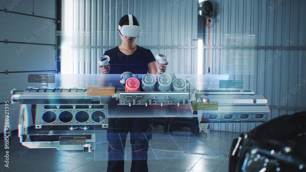 Wall mural car service manager uses virtual reality with futuristic augmented reality diagnostic software with 