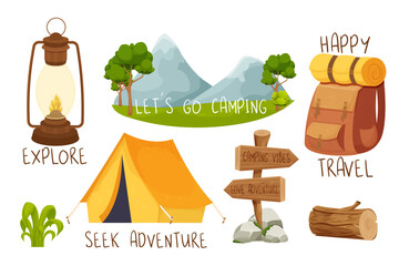 Set Camping travel, forest tent equipment sticker with text in cartoon style isolated on white background. Activity, outdoor portable house.
