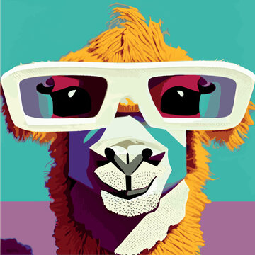 Cheerful llama with glasses pastel background pop geometric art. Cute alpaca llamas with glasses, hand drawn cartoon poster. Vector illustration design for cards, posters, t-shirts, invitations set