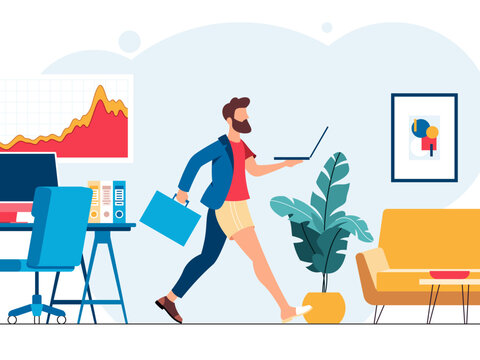 Hybrid work, flat vector illustration and working from home